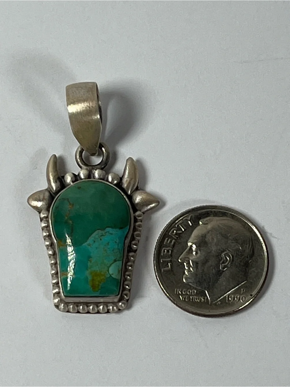 Solid Sterling Silver Mohave Turquoise Gemstone Cow Steer Pendant